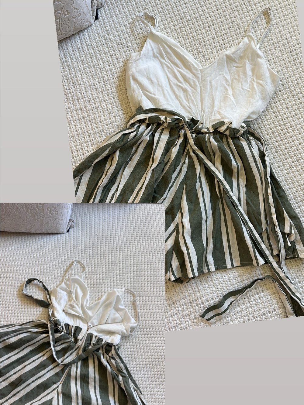 Altar'd State White Cami with Olive & White Striped Skirt Romper